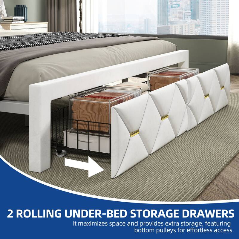 Moasis Upholstered Bed Frame with Storage Headboard And Charging Station and LED Light