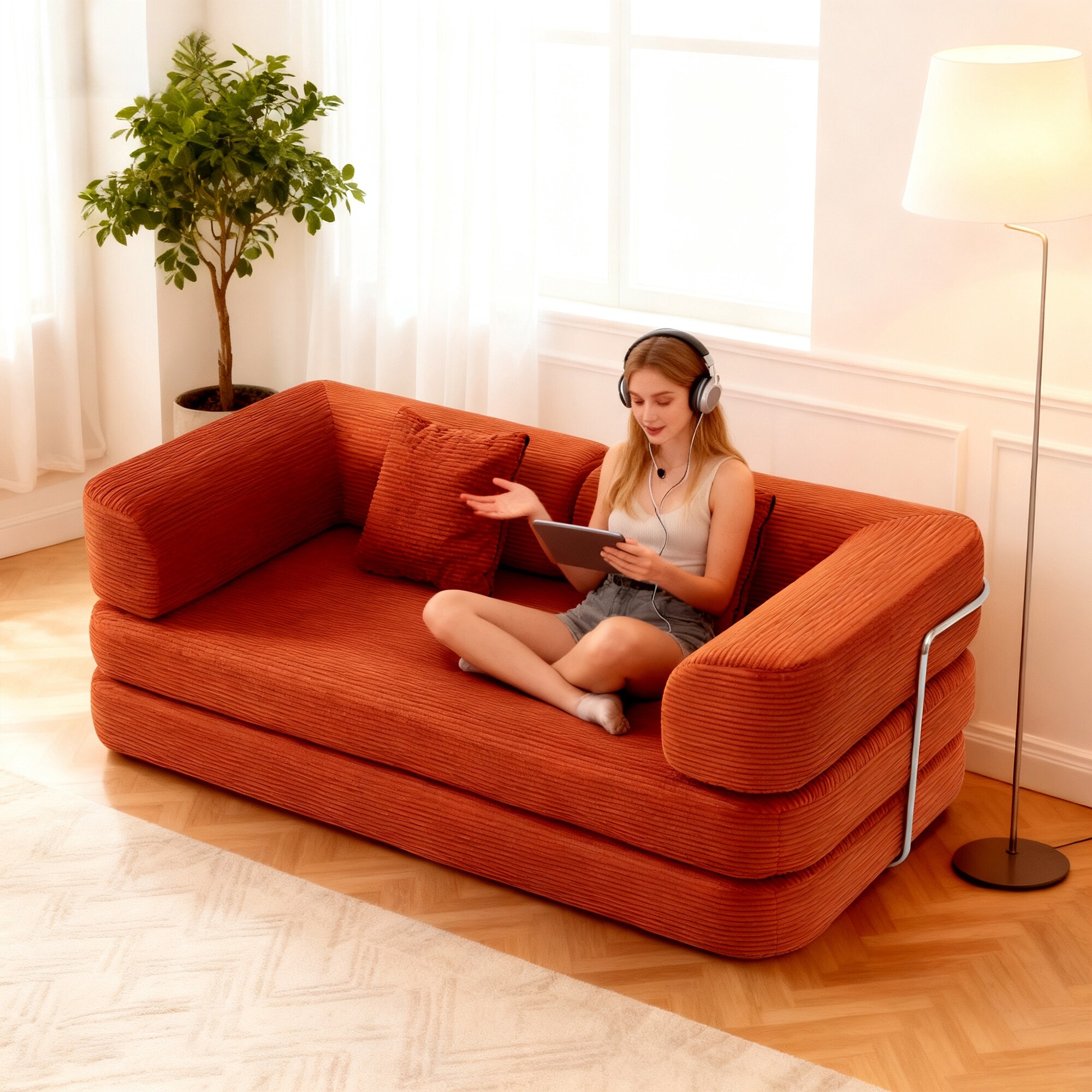 Modular Convertible Sofa Bed Floor Couch with Steel Frame, Simple