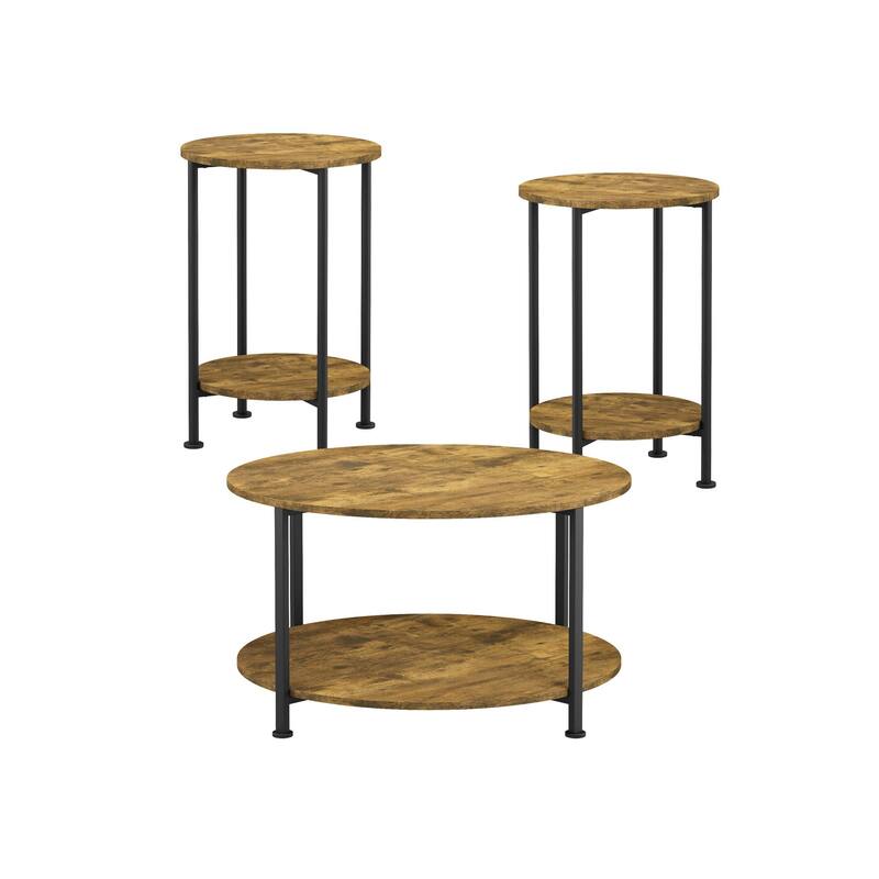 Anmytek Rustic Brown 3 Piece Coffee and End Table Set with Storage Shelves Round Modern Farmhouse Living Room Accent Table Set