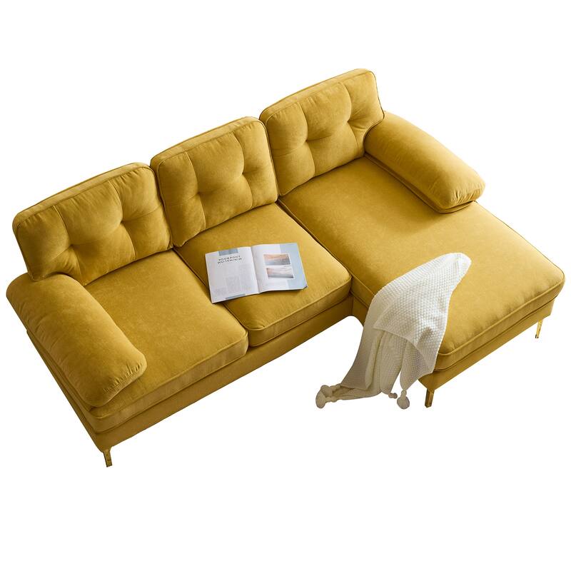 Velvet Sectional Sofas Couches with Pillow Top Arms and Upholstered Backrest, Modern L-Shaped Couches with Metal Legs