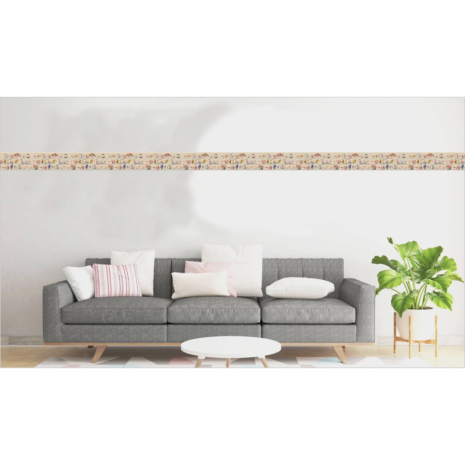 Beige, Purple, Pink Flowers, Teapots Peel and Stick Wallpaper Border 15