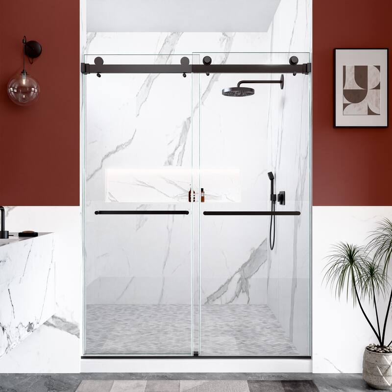 GDFStudio - Modern Minimalist Frameless Double Sliding Shower Door with 3/8" SGCC Tempered Glass & Stainless Steel Hardware