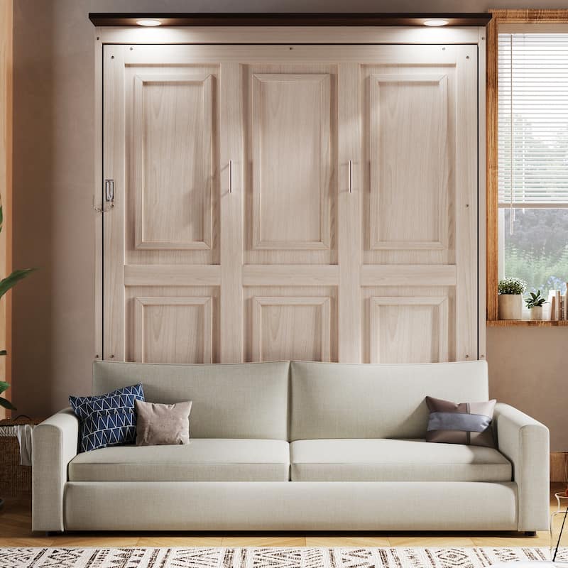 Queen Size Murphy Bed with Top LED Lighting and Optional Upholstered Sofa, Space-Saving Wall Bed Design