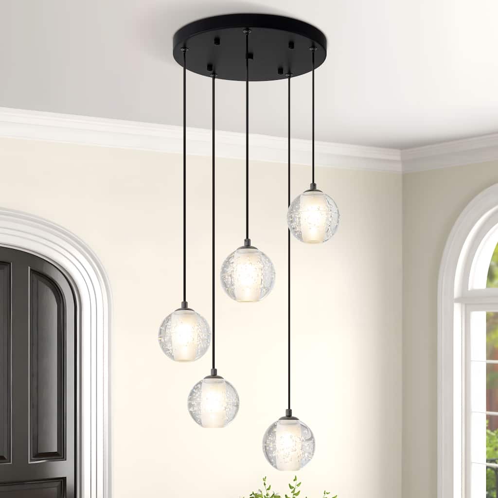 Starsky Modern 5-Light Cluster Globe Glass Chandelier Stair Entryway Cluster Light for High Ceiling - Black