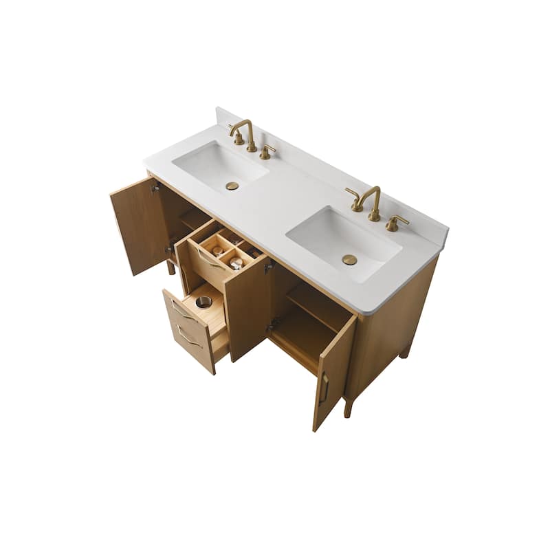 60" Freestanding Double-Sink Bathroom Vanity with Engineered Stone Top, Built-In Power Outlet, and Hair Dryer Storage