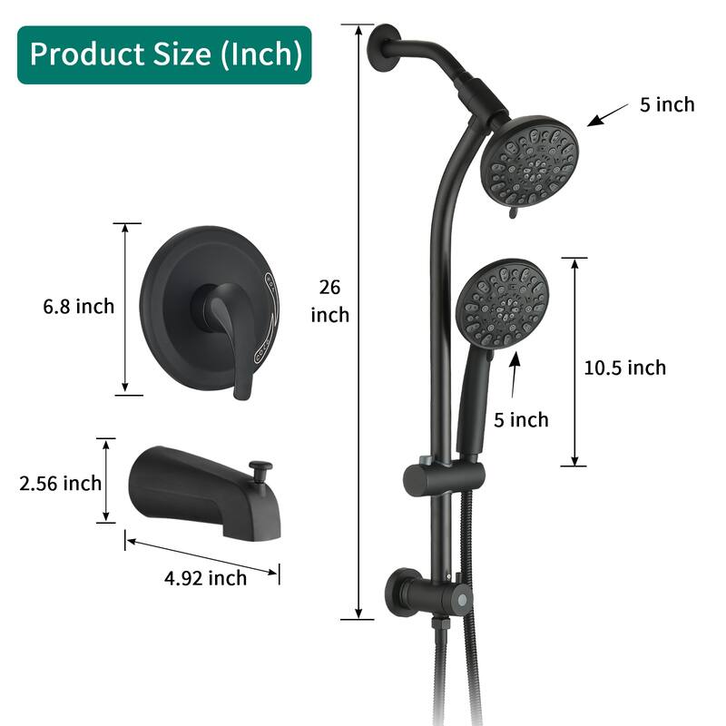 Drill-Free Stainless Steel Slide Bar Combo Rain Showerhead 7-Setting Hand, with Tup Spout (Rough-in Valve Included)