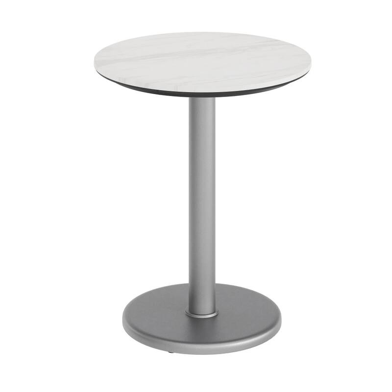 Commercial All-Weather HPL Tabletop with Round Base - White Faux Marble/Silver Base - 23.5"W x 23.5"D x 29.5"H