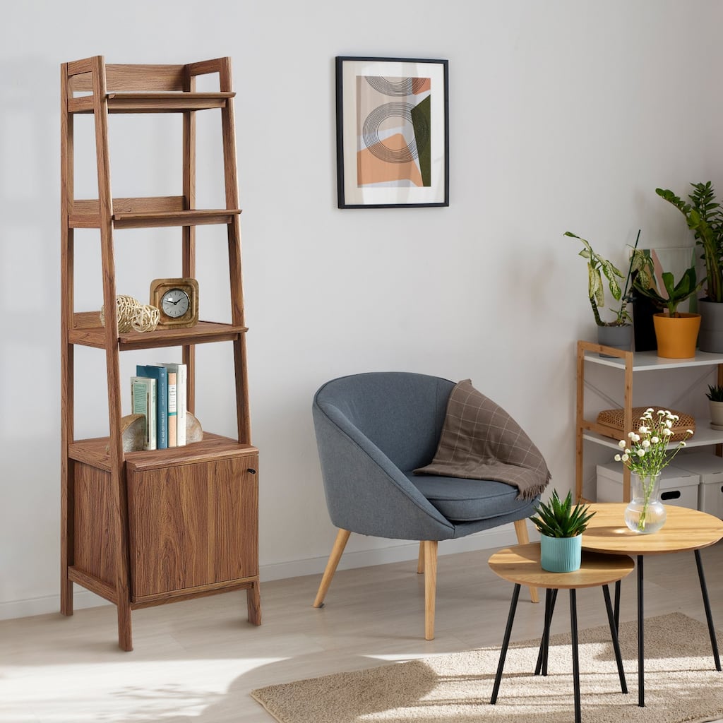 Balsam Sleek 5-Shelf Ladder Walnut Wooden Bookcase with Storage Cabinet
