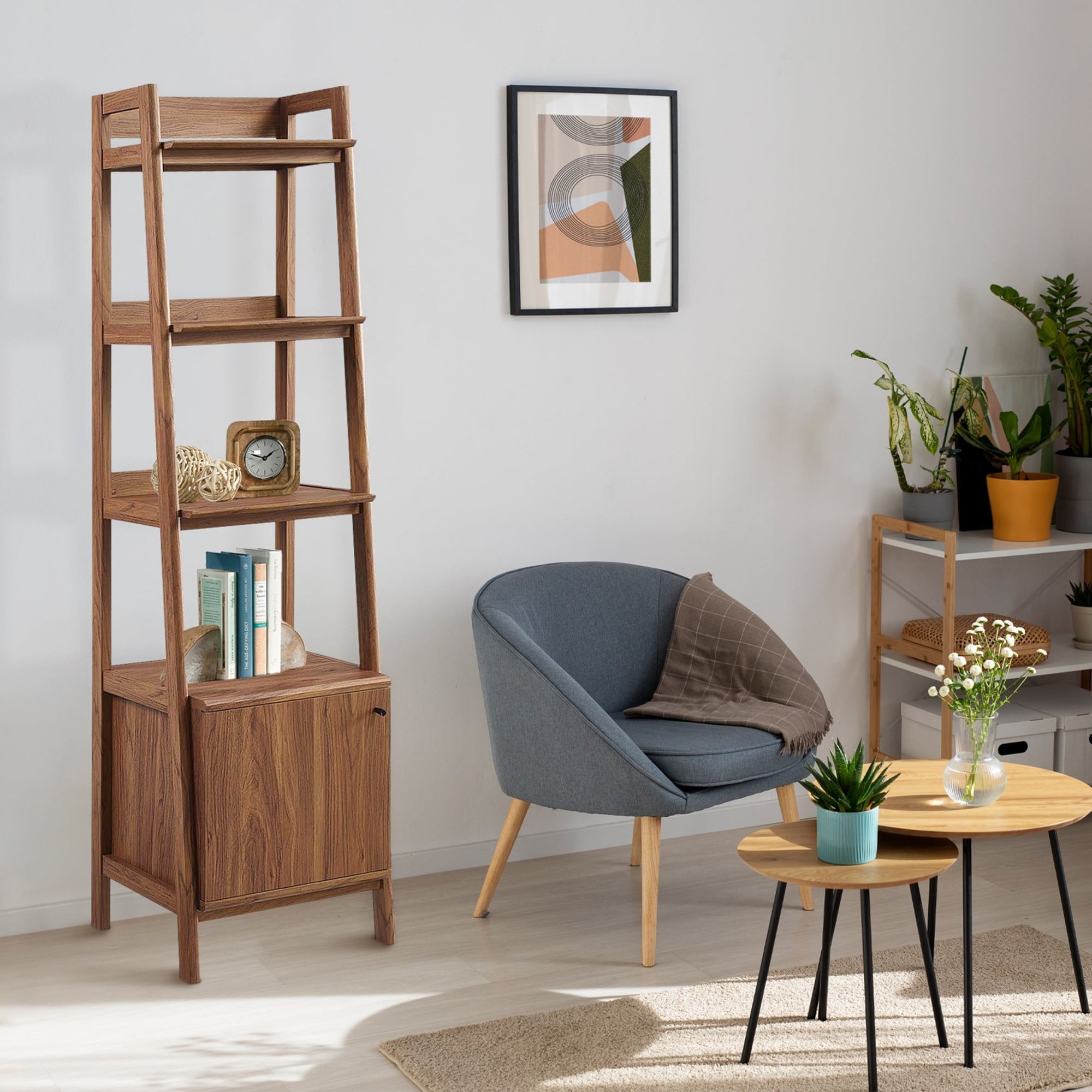Balsam Sleek 5-Shelf Ladder Walnut Wooden Bookcase with Storage Cabinet