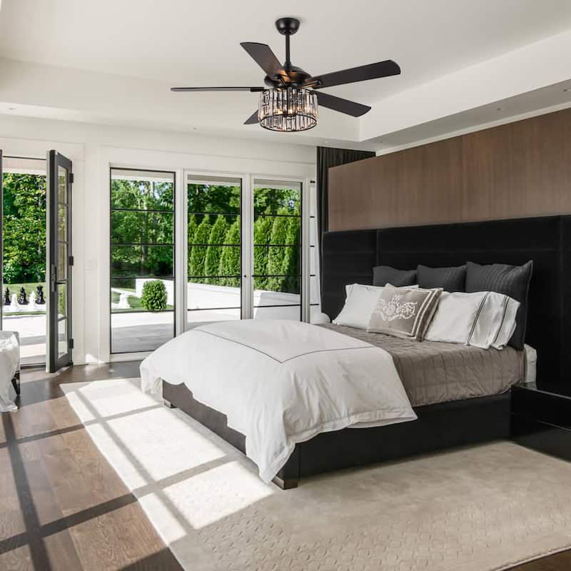 52" Black Wood Modern Crystal Indoor Ceiling Fan Chandelier with Remote