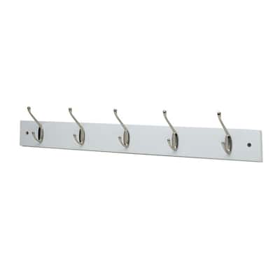 Melannco Wall Mounted Coat Rack with 5 Metal Hooks, 27X4 Inch, White