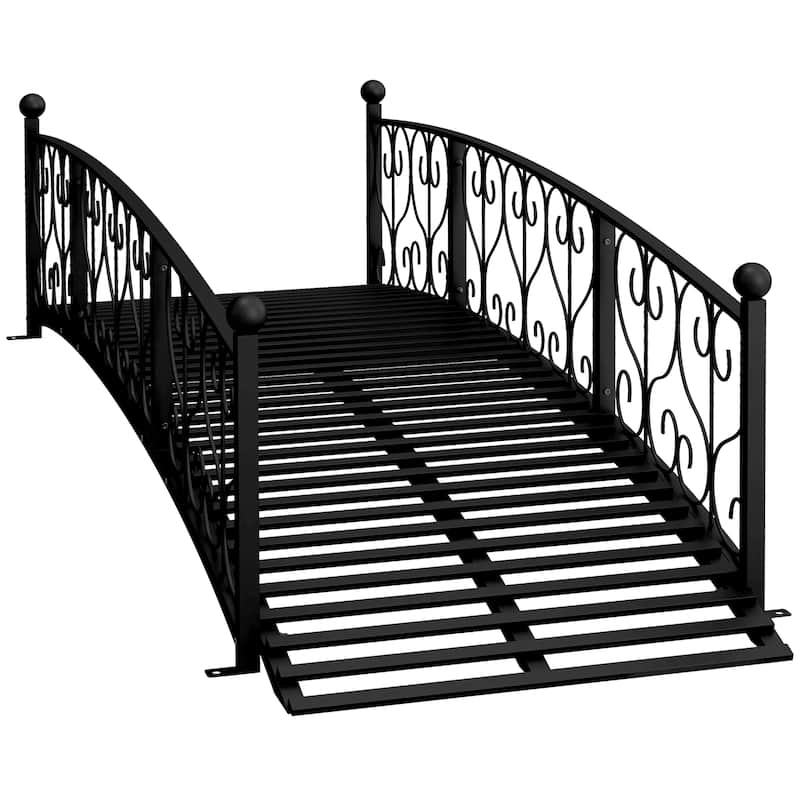 7' Metal Arch Garden Bridge with Safety Siderails - Black