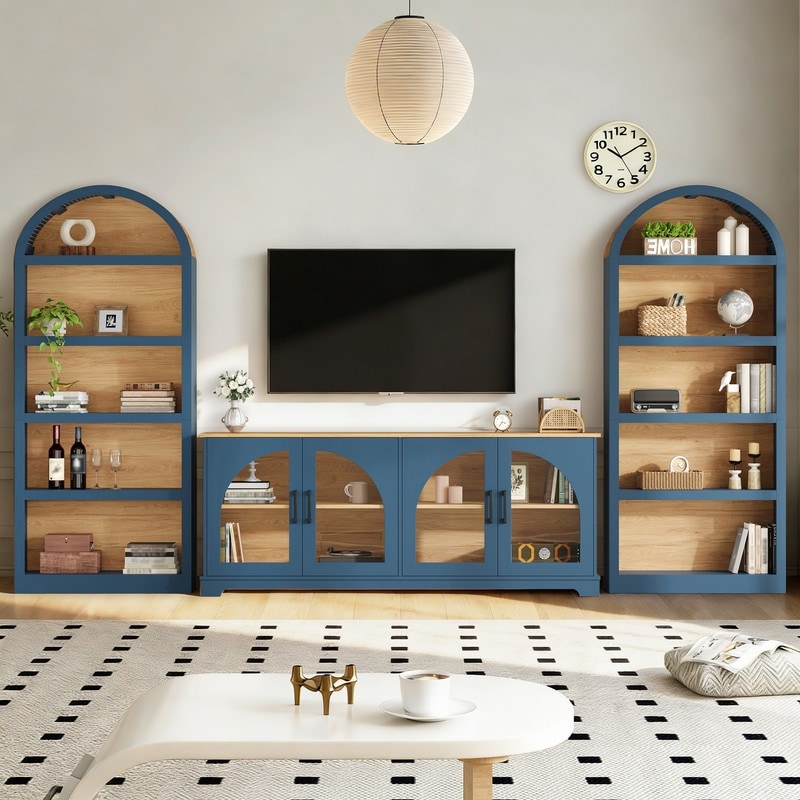 Farmhouse 3-Piece TV Stand Set for TVs Up to 70", Entertainment Center with Arched Sideboard and Glass Doors for Living Room