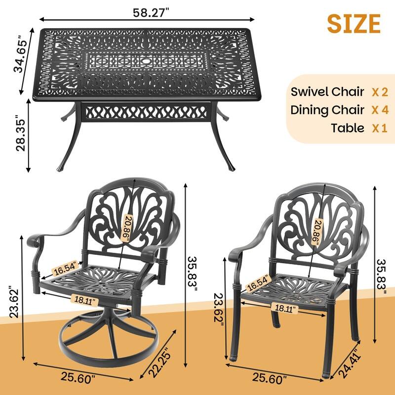 7-Piece Outdoor Dining Set with 1 Table and 6 Chairs, All-Weather Aluminum Outdoor Patio Sets