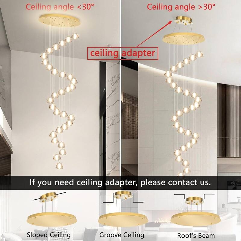 KAYLA 30-Lights Gold Modern Crystal Chandelier for Staircases, 157" Extra-Long Adjustable LED Ceiling Light