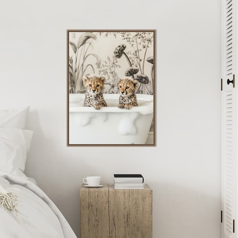 Cheetah Cub Bath by Niky Rahner Framed Canvas Wall Art