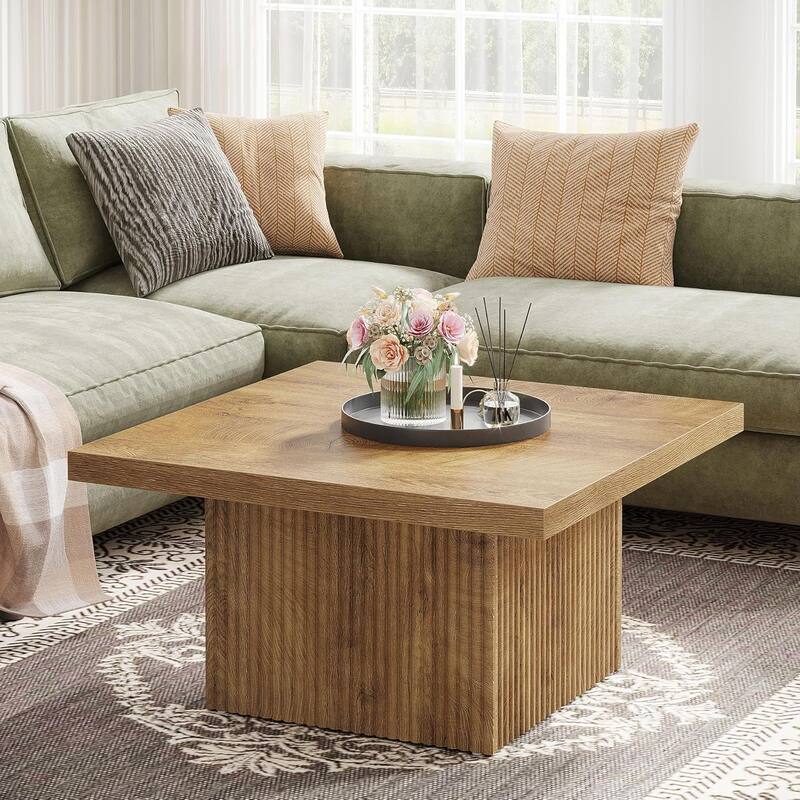 31.5 Brown Wood Square Coffee Table, Large Fluted Coffee Table for Living Room