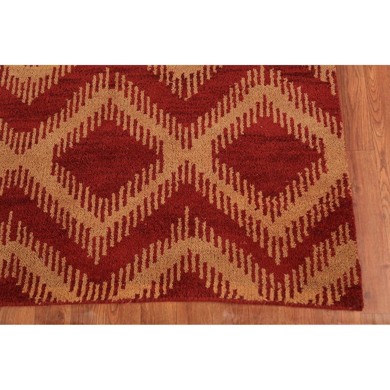Hand Knotted Oriental 100% Wool Carpet Modern Geometric Red Moroccan Area Rug - 9' 7'' X 7' 11''
