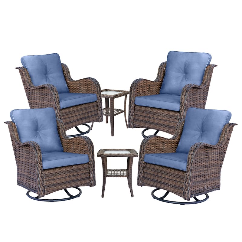6 Piece Outdoor High Back Wicker Patio Conversation Swivel Chairs Sets