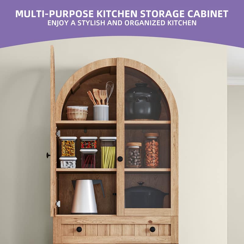 71 Inch Tall Farmhouse Arched Pantry Cabinet with Large Drawers and Adjustable Shelves for Kitchen Storage Organization