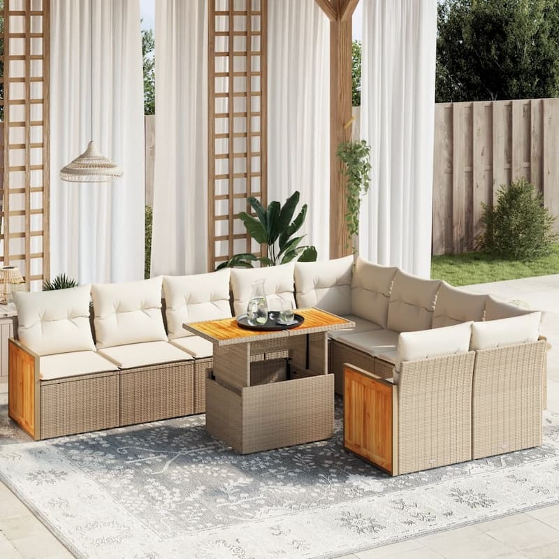 vidaXL Patio Sofa Set with Cushions Outdoor Furniture 10 Piece Poly Rattan - Beige and cream - 21.7 x 39.4 x 28.7 in