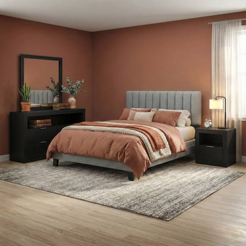 Furniture of America Merro Modern 4-Piece Solid Wood Bedroom Set - Black/Grey - Queen