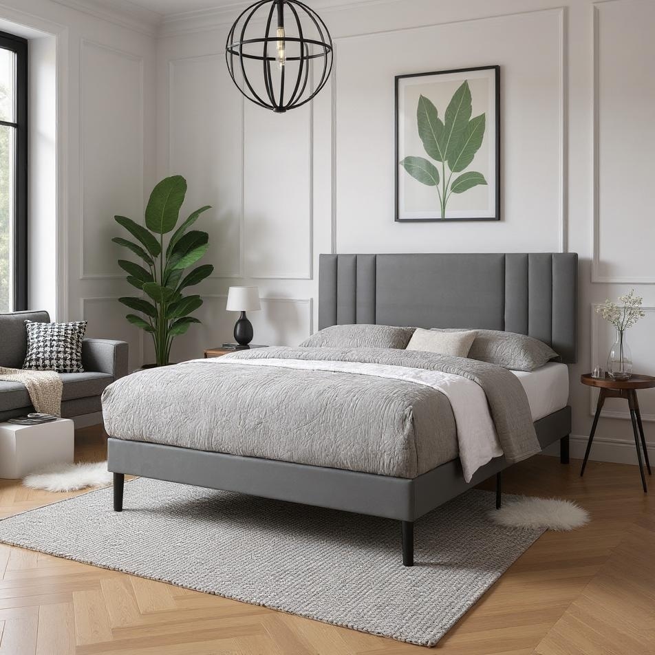 Adjustable Upholstered Bed Frame, Faux Leather Platform with Storage Under