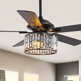 52" Black Wood Modern Crystal Indoor Ceiling Fan Chandelier with Remote