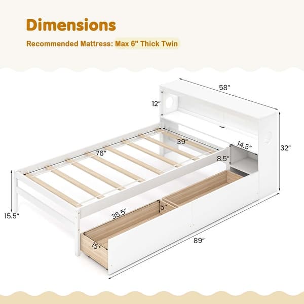 dimension image slide 0 of 2, Costway Twin Size Bed Frame with LED Light & Power Outlet Bookcase