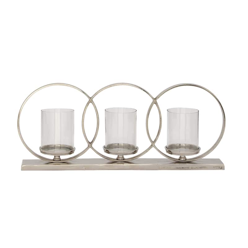 Aluminum Metal Geometric Overlapping Rings Pillar 3 Plate Candelabra - Silver - Roche River Decor - 5"W x 26"L x 11"H