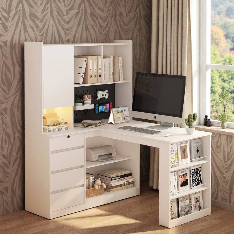 L Shaped Computer Desk with Drawers and Bookshelf, Corner Desk with LED Light and Power Outlets for Home Office - White