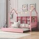 preview thumbnail 16 of 39, Twin Size Wooden House Bed Kids Bed with Trundle and Shelf Pink