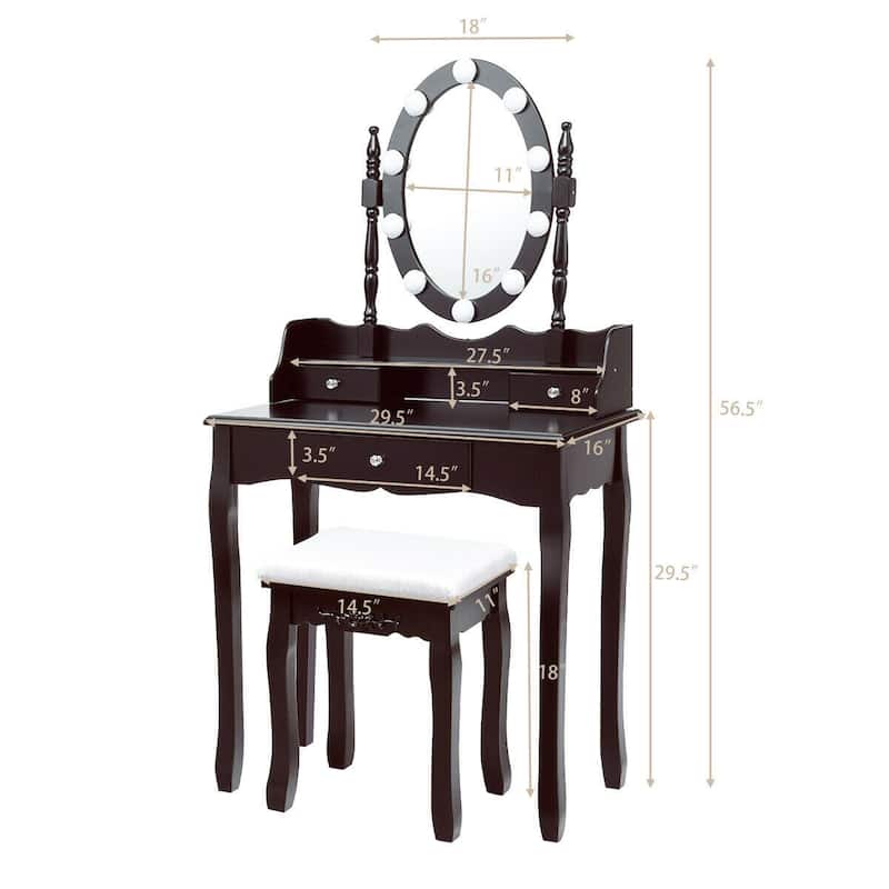 Oval Mirror Vanity Set with 10 LED Dimmable Bulbs and 3 Drawers - 29.5" x 16" x 56.5" (L x W x H)