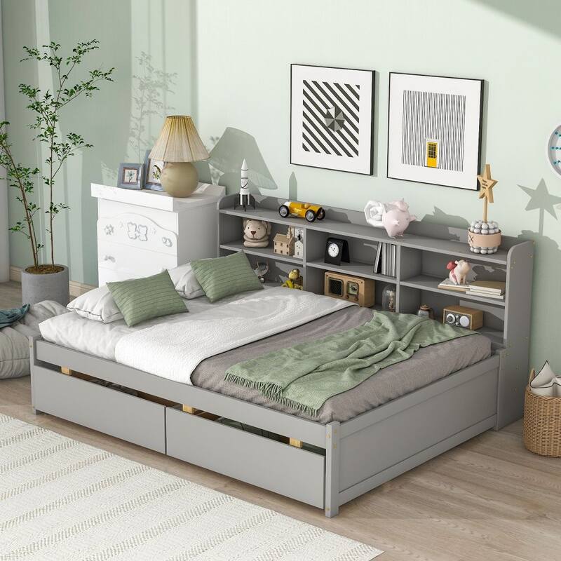 Full Bed with Side Bookcase, Drawers,White