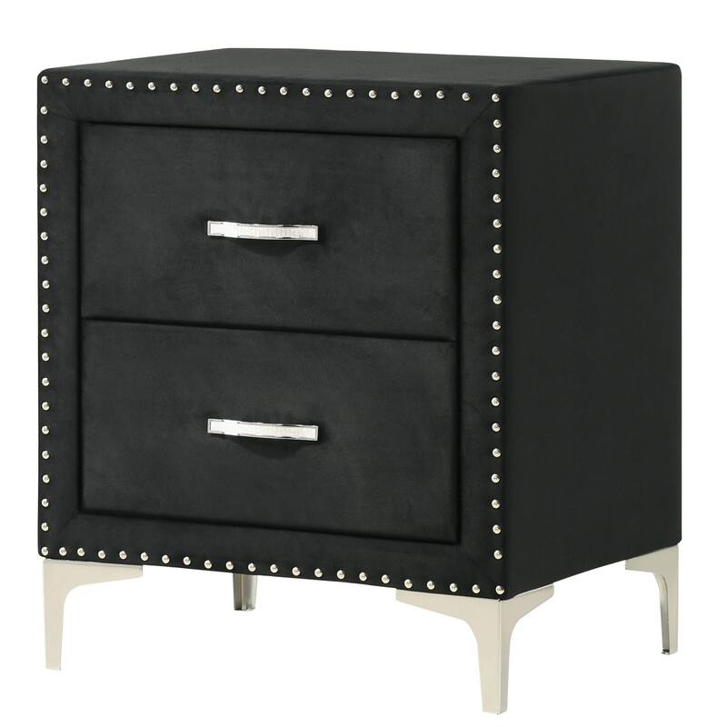 Moha 28 Inch Nightstand, Wood, 2 Drawers, Metal Handles, Black Velvet