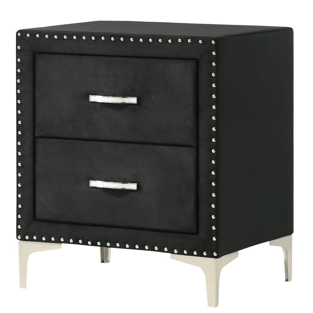 Moha 28 Inch Nightstand, Wood, 2 Drawers, Metal Handles, Black Velvet