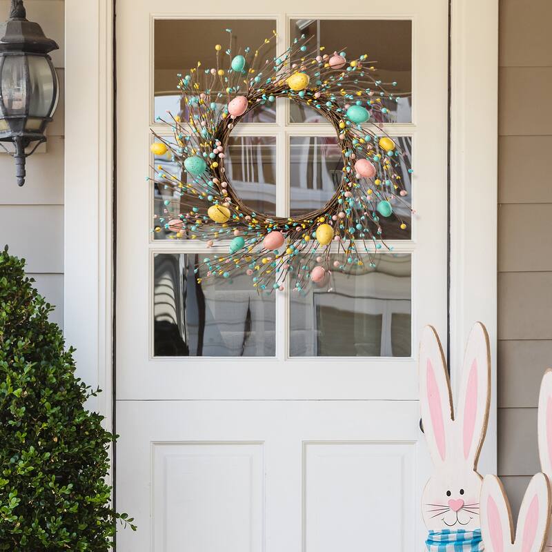 Glitzhome 22"D Artificial Easter Spring Eggs Berries Wreath for Front Door Wall Decor