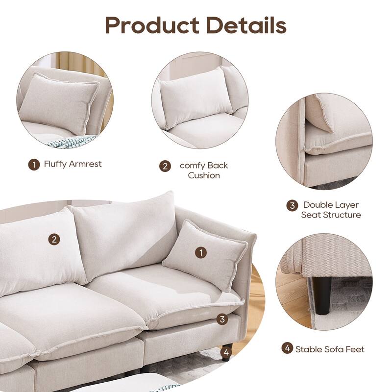 Modular 4-Seater L Shaped Sofa with Movable Ottoman, Beige