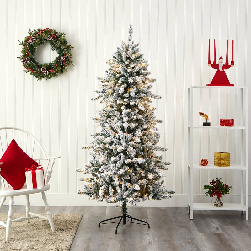 6’ Flocked Livingston Fir Cones Artificial Christmas Tree, Clear LED - 6 Foot