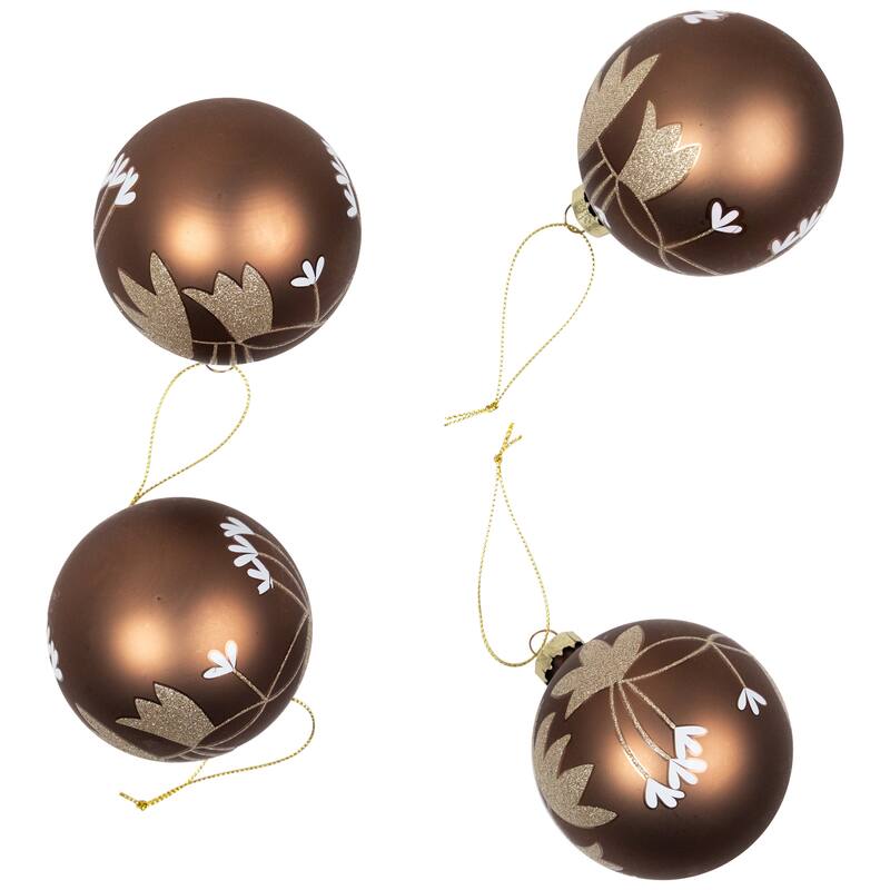 4ct Brown Gold 2-Finish Floral Glass Christmas Ball Ornaments 3.25"