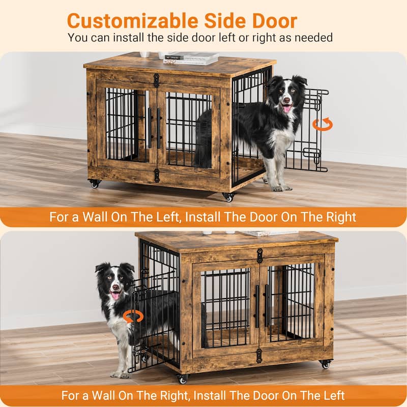 Dog Crate Indoor Heavy Duty Double Doors Wooden Dog Cage with Cushion