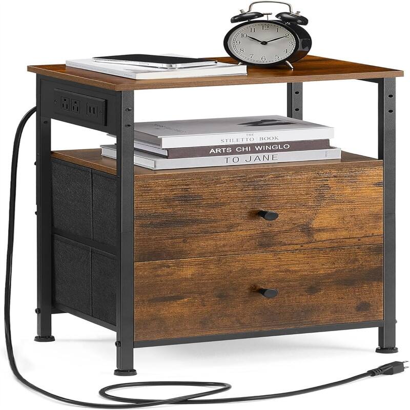 Nightstand with Charging Station Night Stand Side Table with 2 Drawers and 1 Open Shelf - Rustic Brown + Classic Black