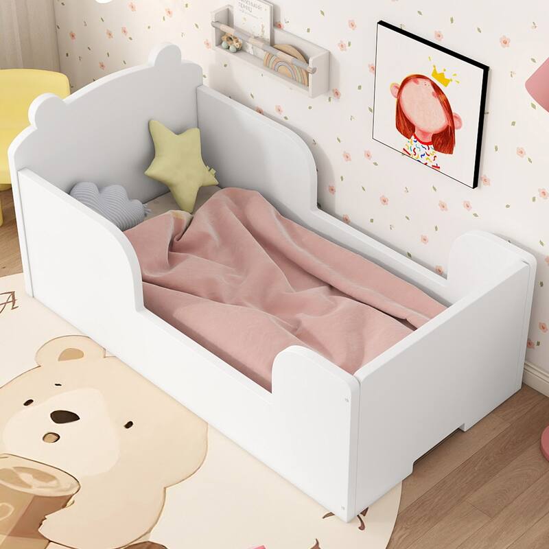 Toddler Floor Bed with Bear-shaped Headboard and Rounded Corners Guardrails for Ages 3-6, Open Baby Platform Bed Frame