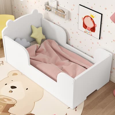 Toddler Floor Bed with Bear-shaped Headboard and Rounded Corners Guardrails for Ages 3-6, Open Baby Platform Bed Frame