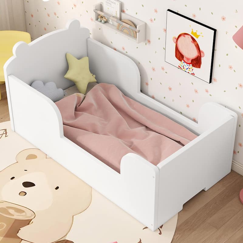 Twin Size Pine Wood Toddler Floor Panel Bed with Safety Rounded Corners - Off White