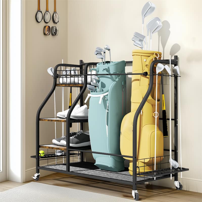 Multifunctional Golf Bags Organizer Rack Rolling Golf Equipment Storage Shelves on Wheels