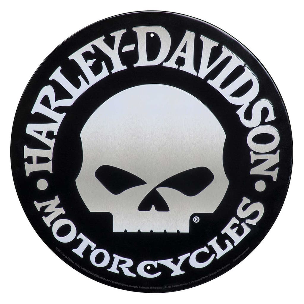 Harley-Davidson Round Tin Sign, Brushed Silver Willie G Skull Logo - 12 inches - 12"