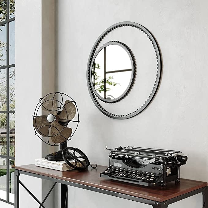 MacLuu Multi Gear Edge Wood Frame Round Wall Mirror - Gunmetal - 31.5" x 31.5"