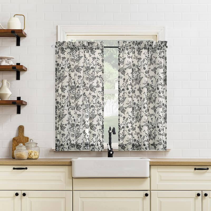 No. 918 Elara 2-pack Tonal Botanical Semi-Sheer Rod Pocket 2-Piece Kitchen Curtain Tier Pair