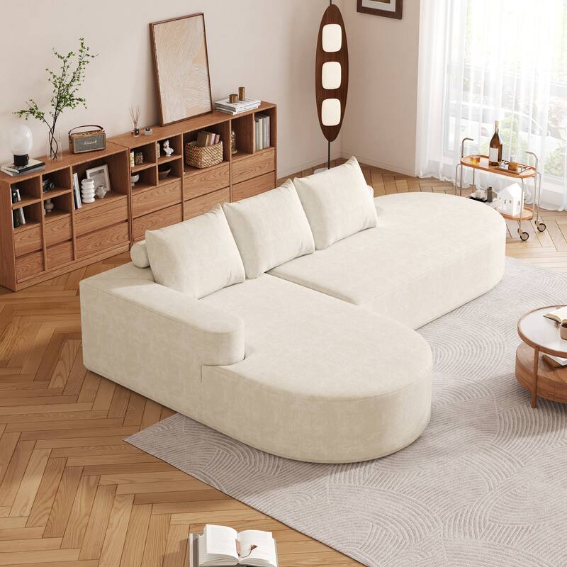 L Shaped Modular Curved Sectional Sofa, Chenille Upholstered 3 Seat Sofa, Corner Sofa with 3 Pillows for Living Room, Bedroom